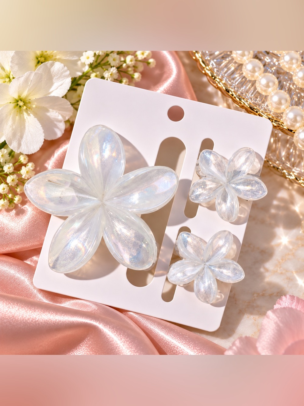 3pc White Pearl Iridescent Flower Hair Claw Clip Set | Large & Small | NWT